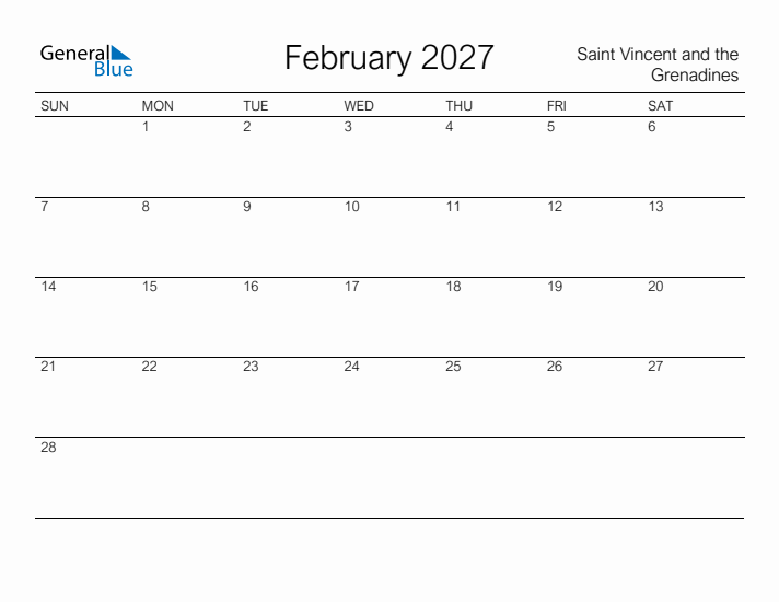 Printable February 2027 Calendar for Saint Vincent and the Grenadines