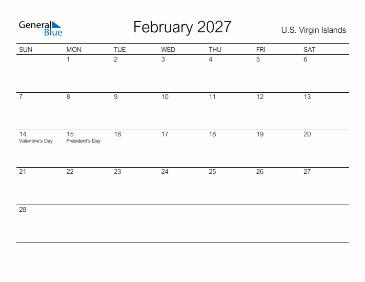 Printable February 2027 Calendar for U.S. Virgin Islands