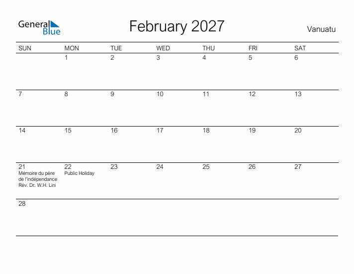 Printable February 2027 Calendar for Vanuatu