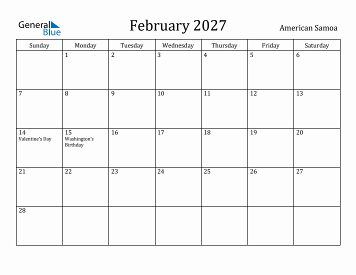 February 2027 Calendar American Samoa