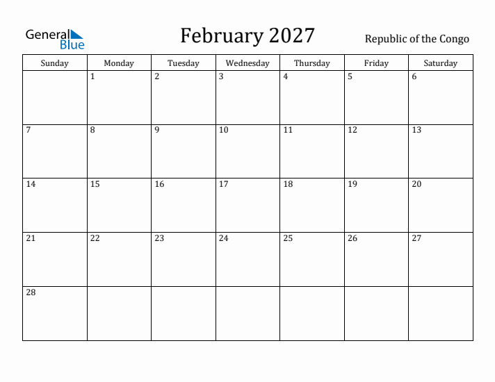 February 2027 Calendar Republic of the Congo