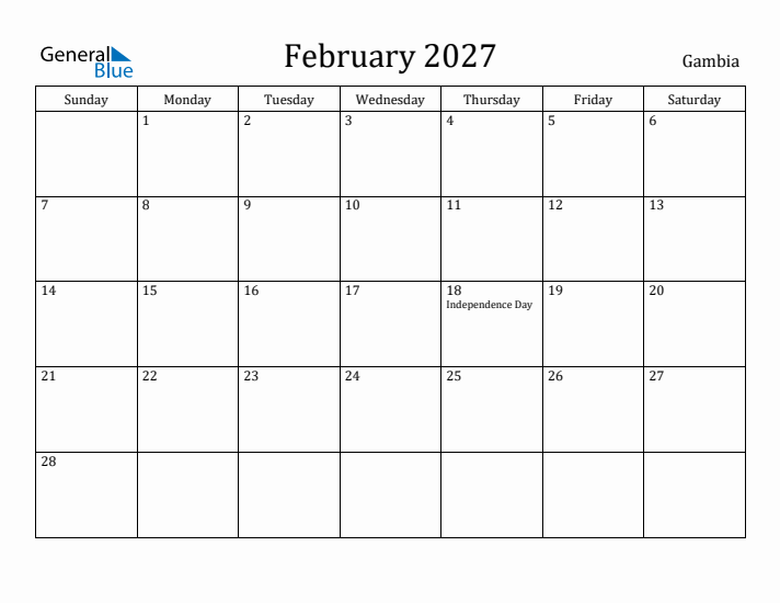 February 2027 Calendar Gambia