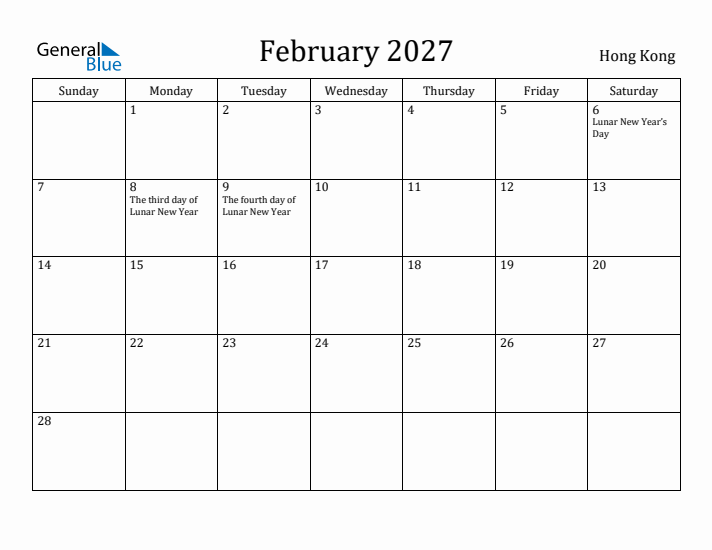 February 2027 Calendar Hong Kong