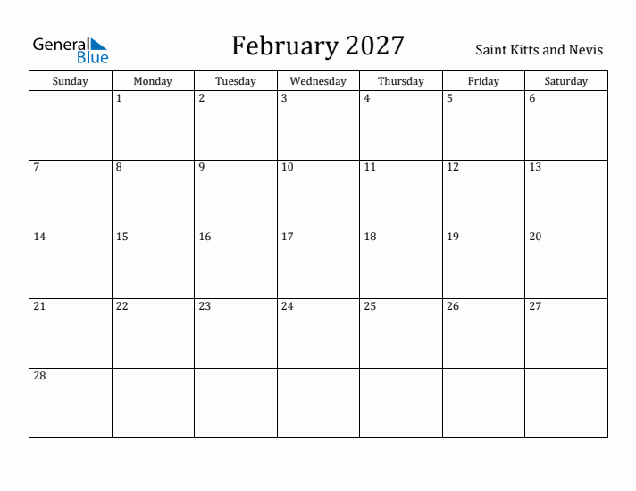 February 2027 Calendar Saint Kitts and Nevis