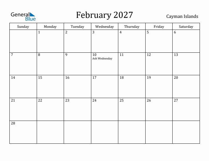 February 2027 Calendar Cayman Islands