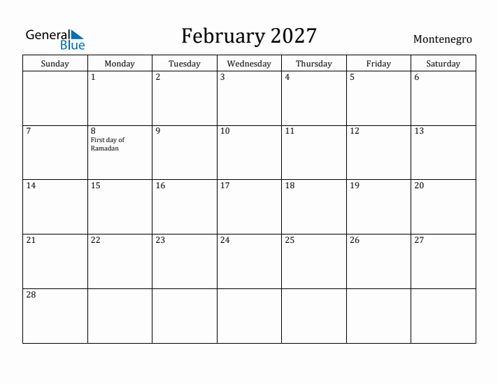 February 2027 Calendar Montenegro