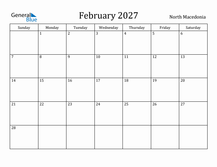 February 2027 Calendar North Macedonia