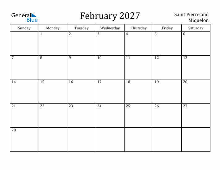 February 2027 Calendar Saint Pierre and Miquelon