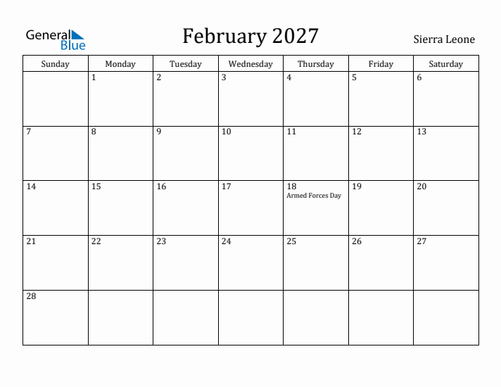 February 2027 Calendar Sierra Leone