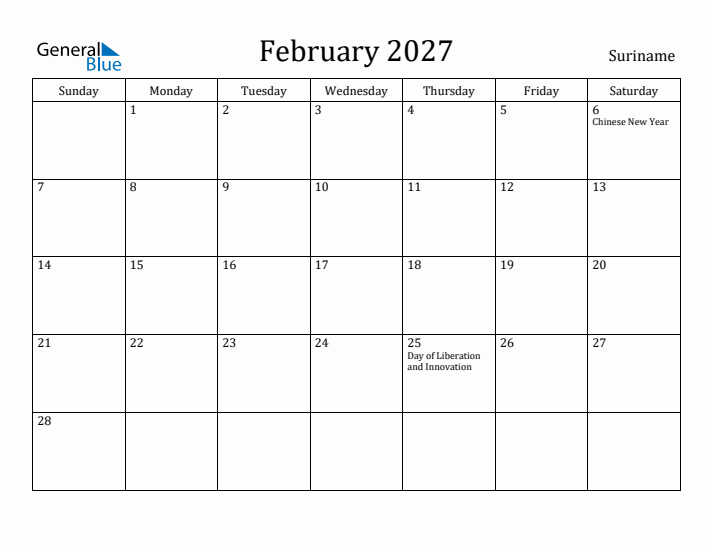 February 2027 Calendar Suriname