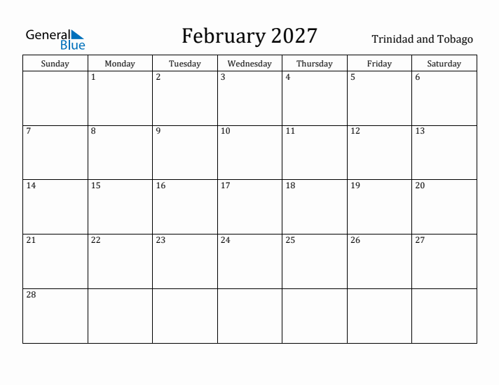 February 2027 Calendar Trinidad and Tobago