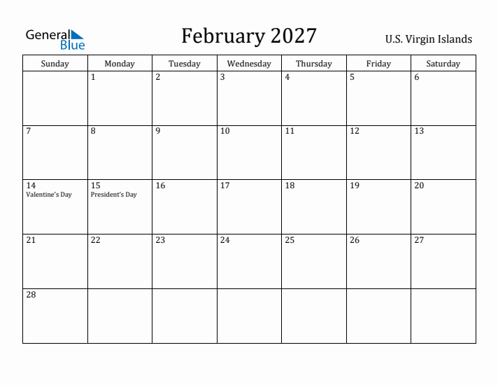 February 2027 Calendar U.S. Virgin Islands
