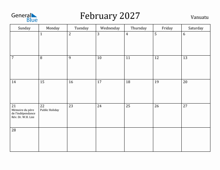 February 2027 Calendar Vanuatu