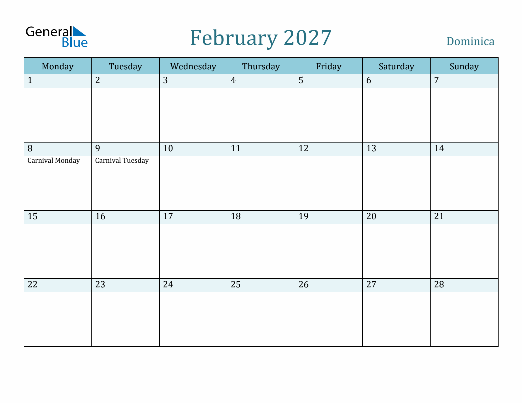 February 2027 Calendar with Holidays