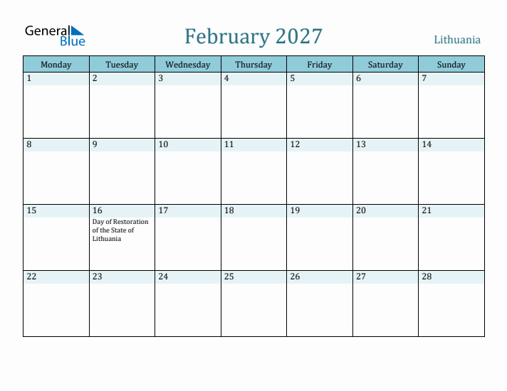 February 2027 Calendar with Holidays