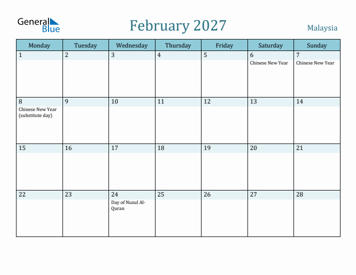 February 2027 Calendar with Holidays