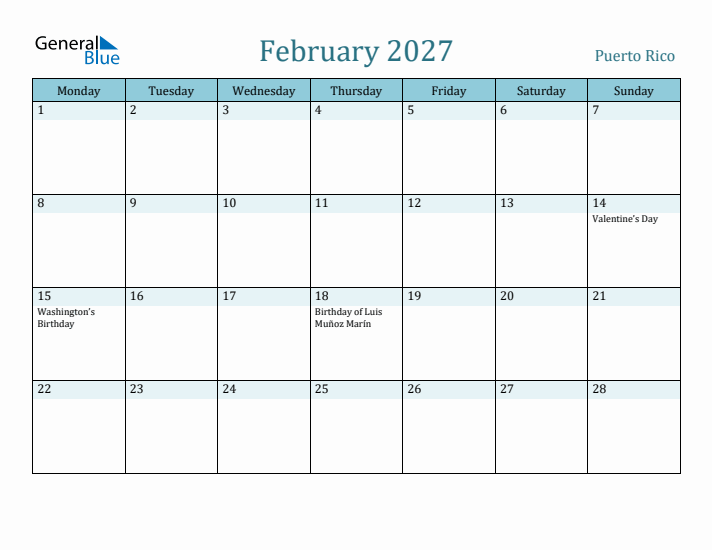 February 2027 Calendar with Holidays