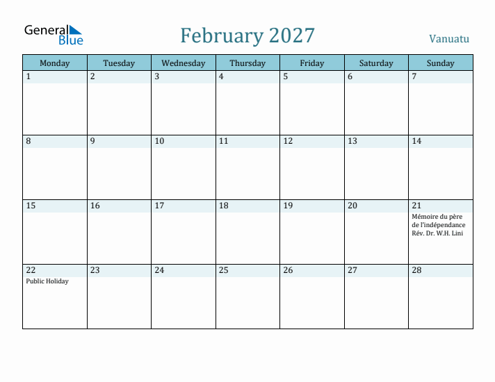 February 2027 Calendar with Holidays
