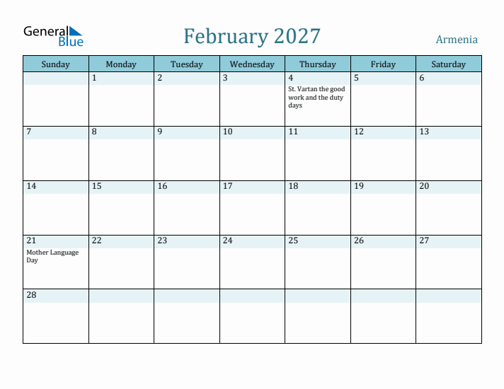 February 2027 Calendar with Holidays