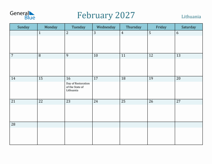 February 2027 Calendar with Holidays