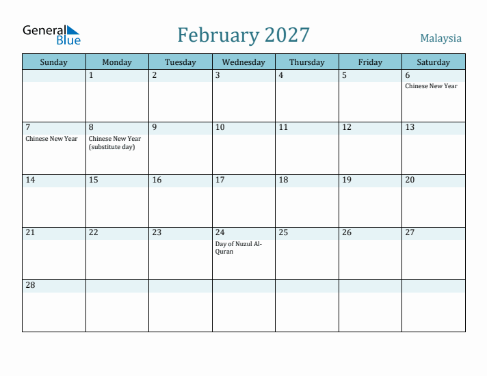 February 2027 Calendar with Holidays