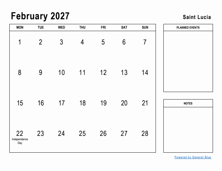 February 2027 Printable Monthly Calendar with Saint Lucia Holidays