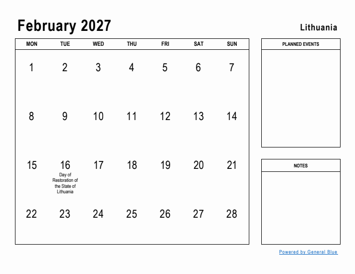 February 2027 Printable Monthly Calendar with Lithuania Holidays
