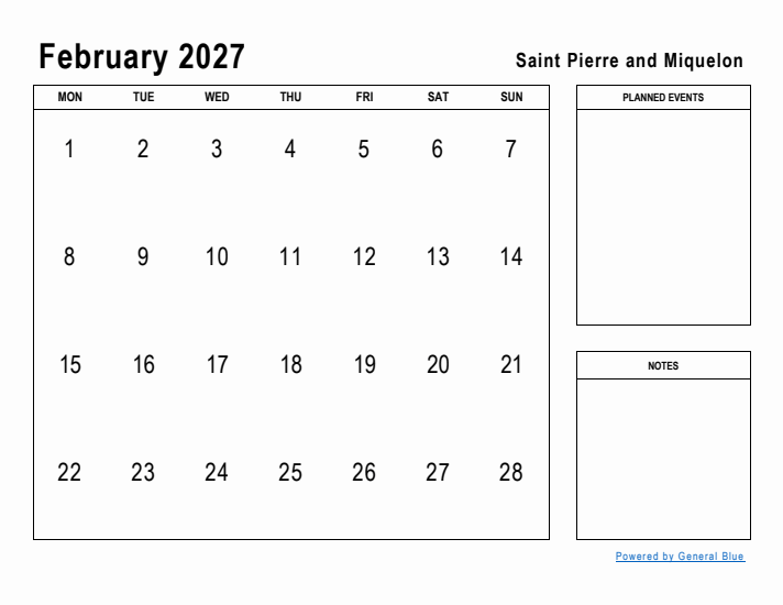 February 2027 Printable Monthly Calendar with Saint Pierre and Miquelon Holidays