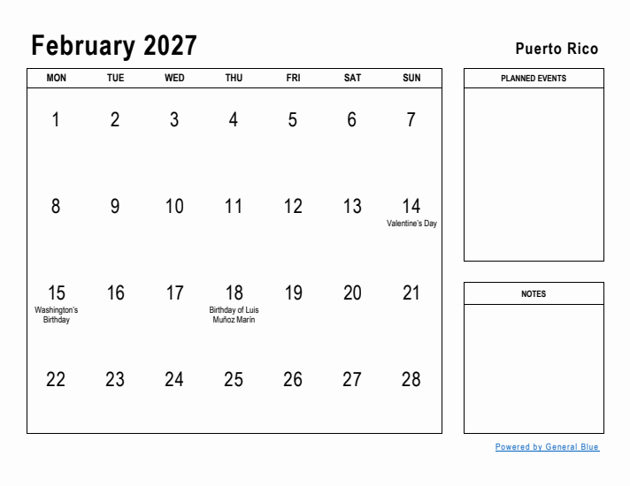February 2027 Printable Monthly Calendar with Puerto Rico Holidays
