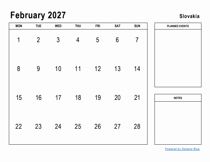 February 2027 Printable Monthly Calendar with Slovakia Holidays