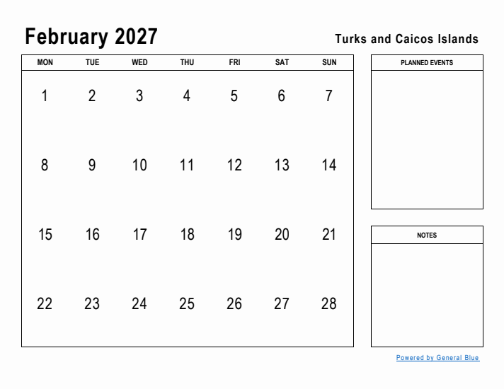 February 2027 Printable Monthly Calendar with Turks and Caicos Islands Holidays