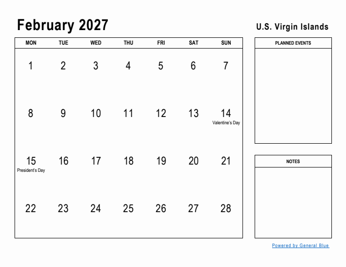 February 2027 Printable Monthly Calendar with U.S. Virgin Islands Holidays