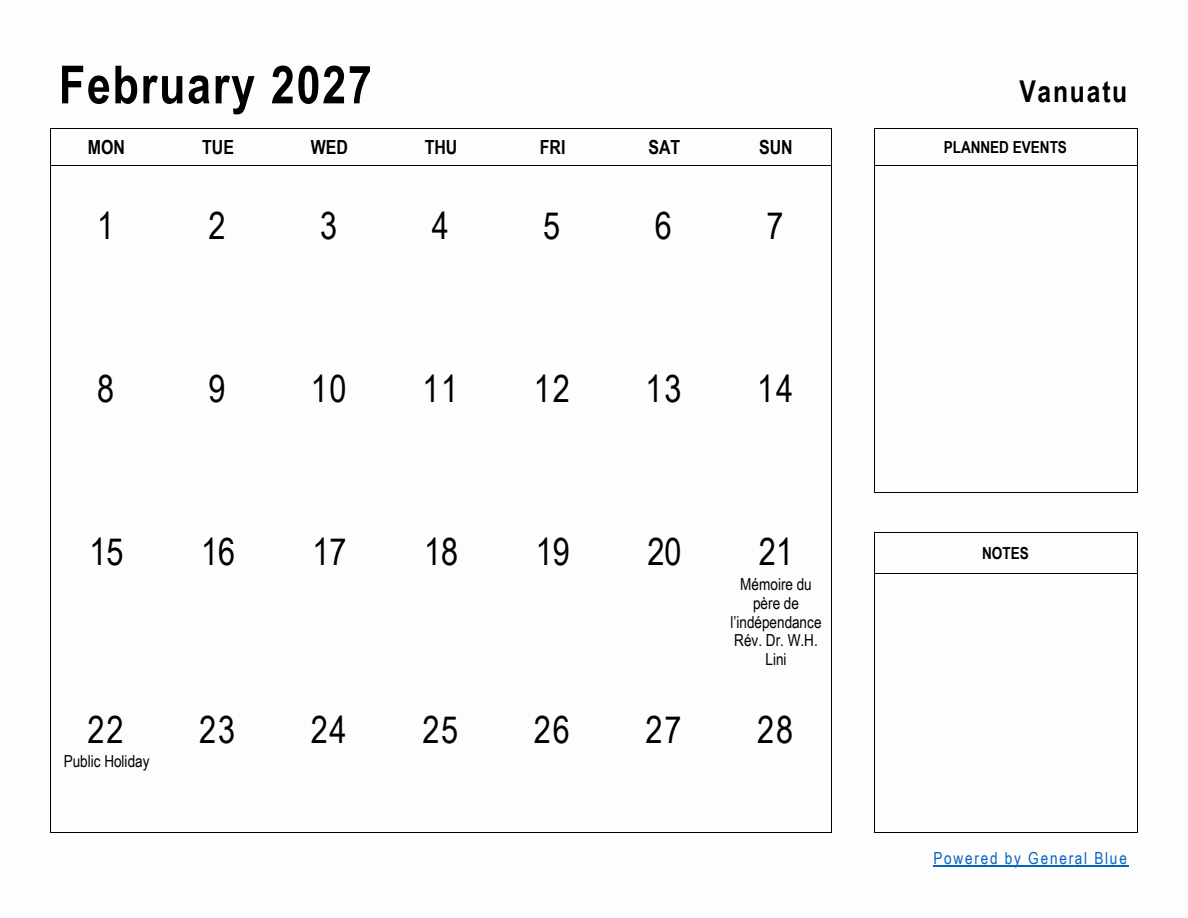 February 2027 Planner with Vanuatu Holidays (Monday Start)