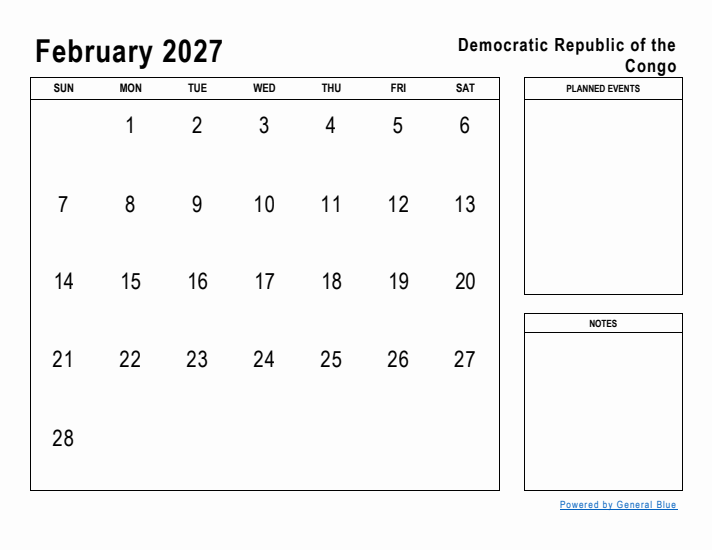 February 2027 Printable Monthly Calendar with Democratic Republic of the Congo Holidays