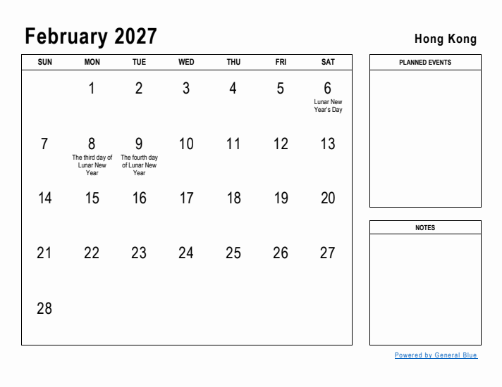 February 2027 Printable Monthly Calendar with Hong Kong Holidays