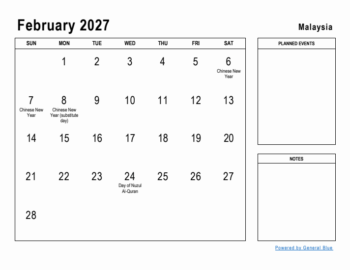 February 2027 Printable Monthly Calendar with Malaysia Holidays