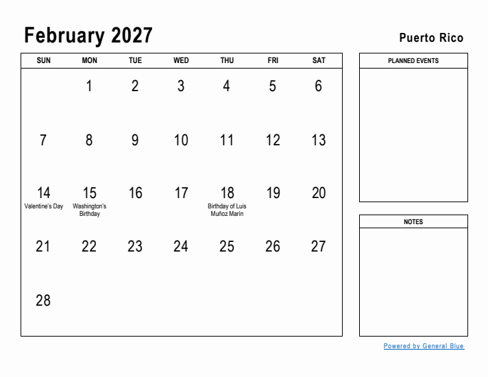 February 2027 Printable Monthly Calendar with Puerto Rico Holidays