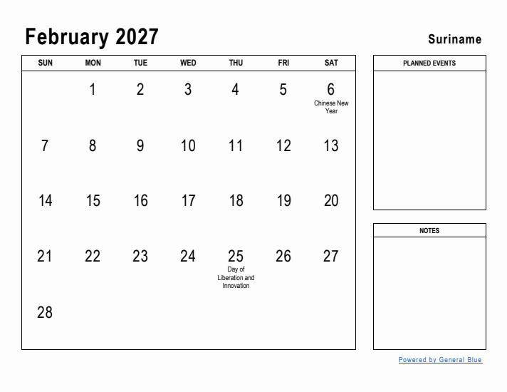 February 2027 Printable Monthly Calendar with Suriname Holidays