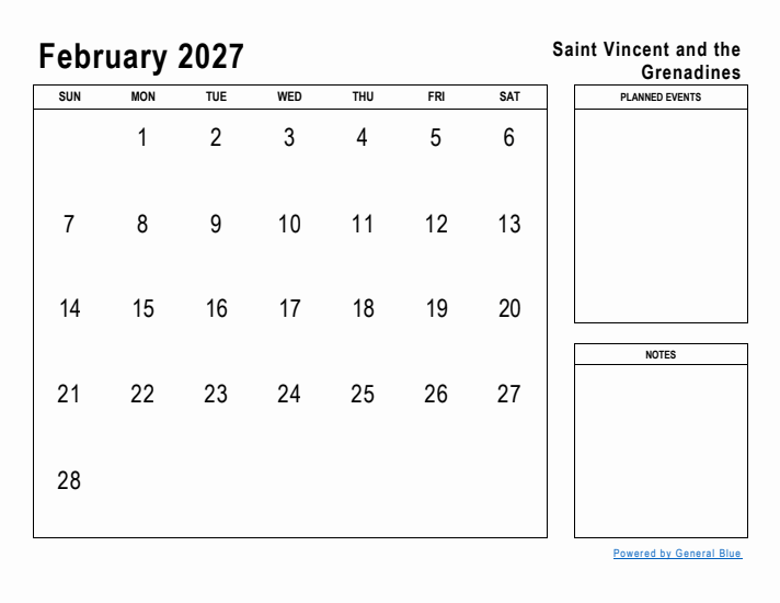 February 2027 Printable Monthly Calendar with Saint Vincent and the Grenadines Holidays