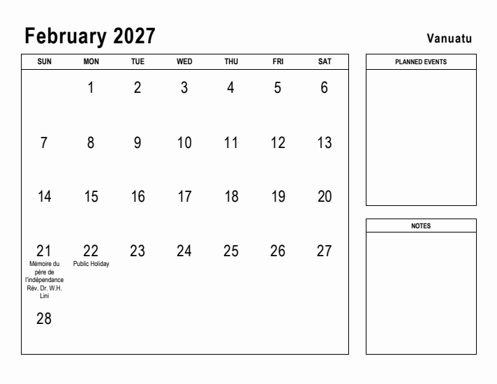 February 2027 Printable Monthly Calendar with Vanuatu Holidays