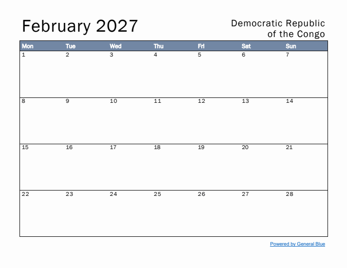 February 2027 Simple Monthly Calendar for Democratic Republic of the Congo