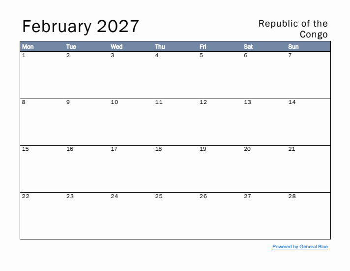 February 2027 Simple Monthly Calendar for Republic of the Congo
