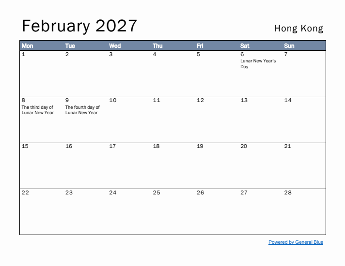 February 2027 Simple Monthly Calendar for Hong Kong