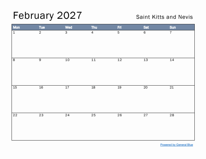 February 2027 Simple Monthly Calendar for Saint Kitts and Nevis