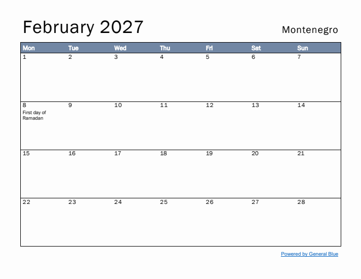 February 2027 Simple Monthly Calendar for Montenegro