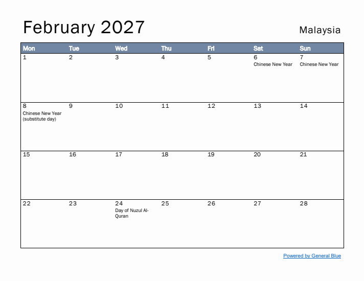 February 2027 Simple Monthly Calendar for Malaysia