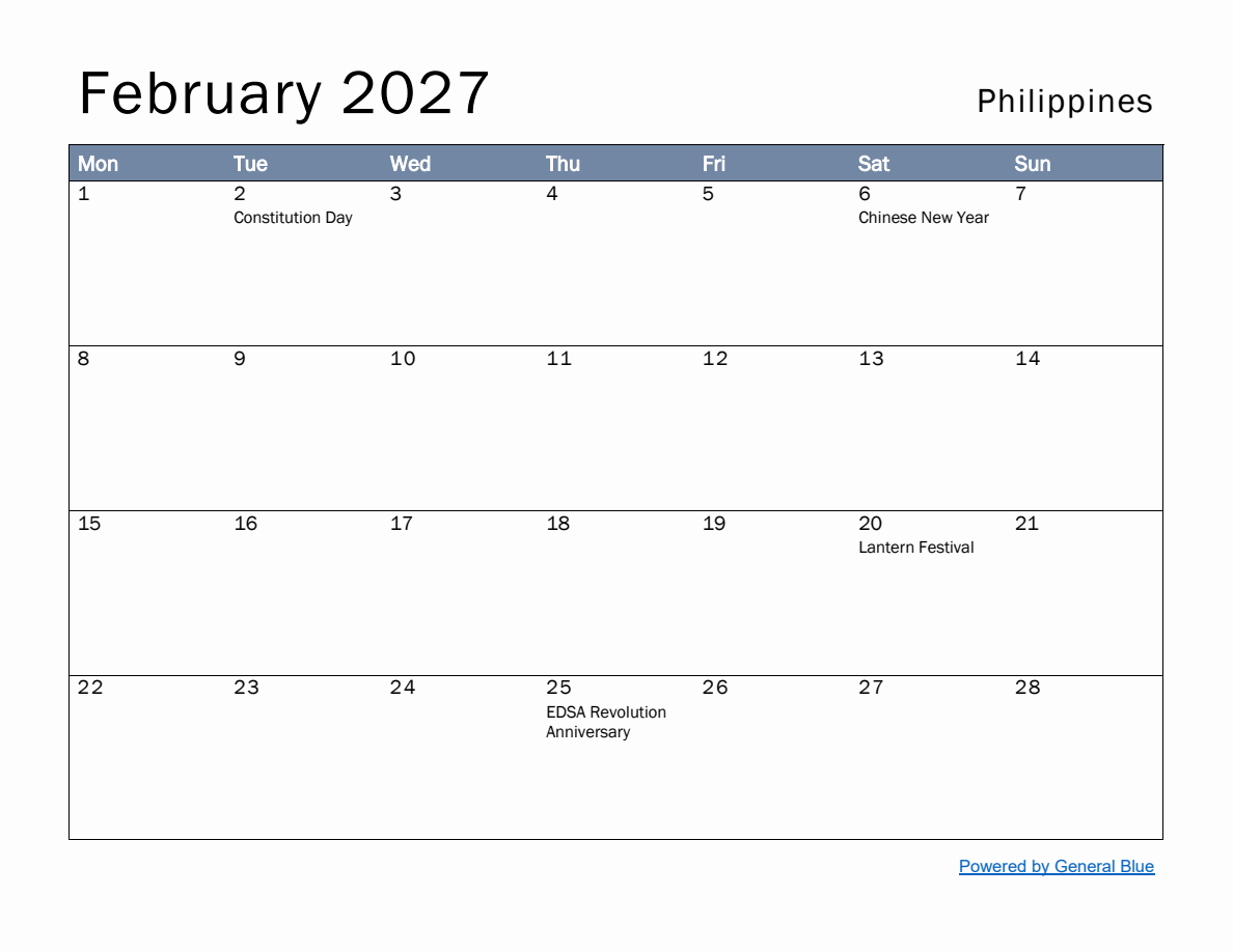Free Monthly Calendar Template for February 2027 with Philippines