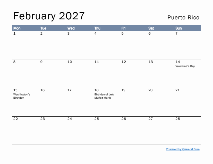 February 2027 Simple Monthly Calendar for Puerto Rico