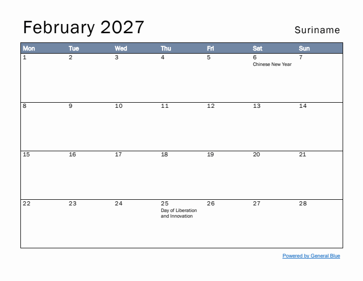 February 2027 Simple Monthly Calendar for Suriname