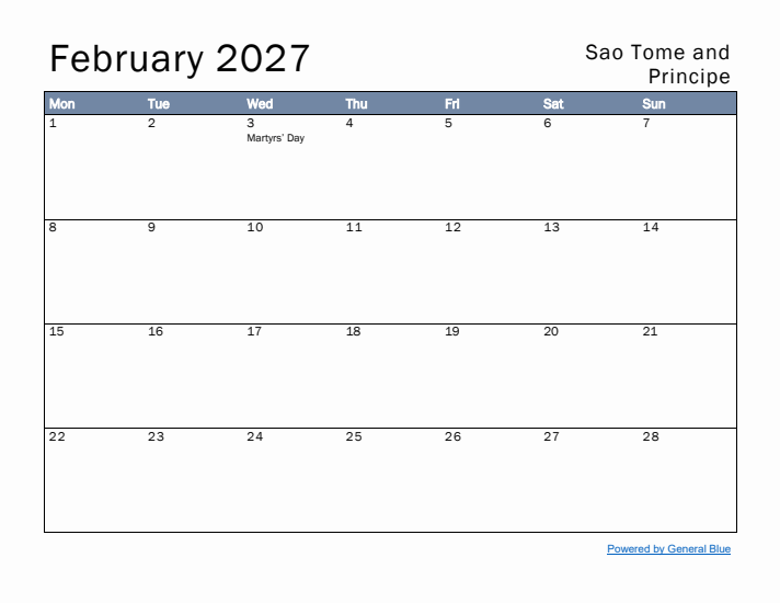 February 2027 Simple Monthly Calendar for Sao Tome and Principe